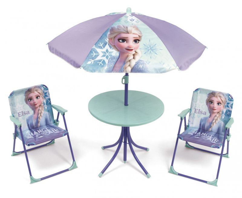 <span>Set</span> de mesa (50x50x48cm), 2 sillas (38x32x53cm) y sombrilla (diÁmetro 110cm) de frozen ii